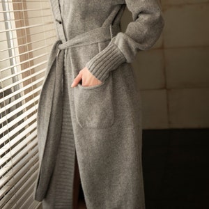 Cashmere cardigan Long knitted with belt, Womens cashmere coat, Long sleeve thick knitted robe for home, Cashmere dressing gown for women image 2