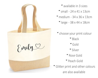 Personalised name tote bag, shopping bag, holiday beach bag, cotton canvas jute bag, custom name print with heart - TRACKED DELIVERY