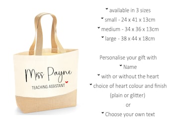 Personalised Teaching Assistant tote bag, Teacher Gift custom bag, Teacher present, Thank You Bag, canvas jute bag, TRACKED DELIVERY