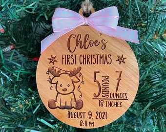 Personalized Baby Stats Ornament 2023, Baby's First Christmas Ornament, Engraved, Wooden