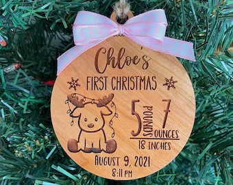 Personalized Baby Stats Ornament 2025, Baby's First Christmas Ornament, Engraved, Wooden
