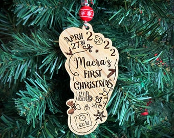 Personalized Baby Stats Ornament 2023, Baby's First Christmas Ornament, Baby Footprint Ornament, Engraved, Wooden