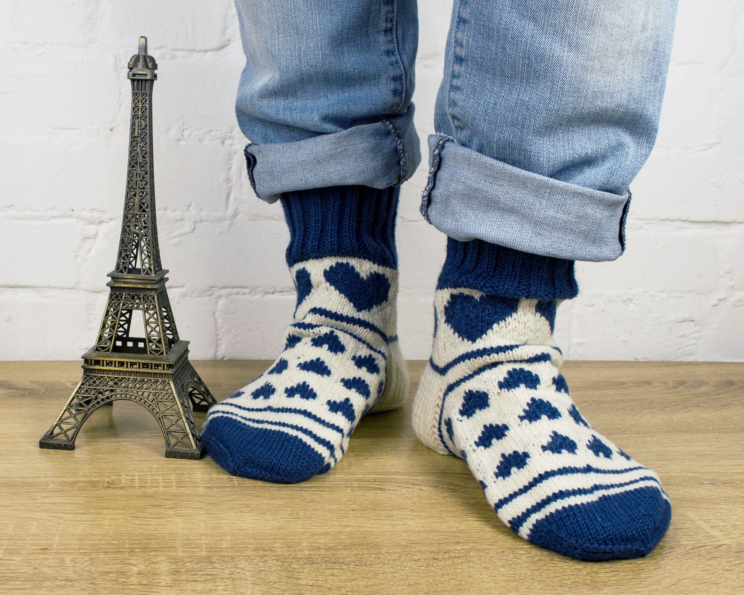 Hand knit mens wool socks with Valentines day navy blue Etsy