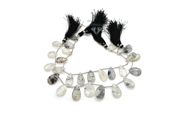 2-Strands Beautiful Natural Black Rutile Briolette 16mmx11mm GMB191 20mmx14mm Pear Shape Black Rutilated Faceted Fancy Beads Size