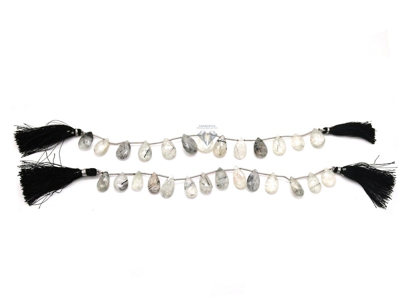 2-Strands Beautiful Natural Black Rutile Briolette 16mmx11mm GMB191 20mmx14mm Pear Shape Black Rutilated Faceted Fancy Beads Size