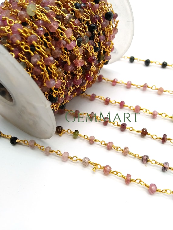 Multi Tourmaline Rosary Chain Gold Plated Beads Chain Round 2mm GemMartUSA