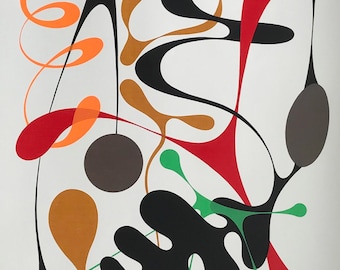 Puede incluir: Impresión de arte abstracto con un fondo blanco y formas negras, rojas, naranjas, marrones y verdes. Las formas son fluidas y orgánicas, creando una composición dinámica y visualmente interesante.