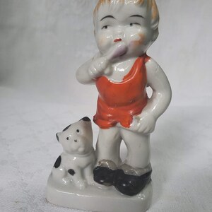 Vintage Japan Figurine with Boy and Dog | Figurine with Baby and Dog | Figurine with Toddler and Dog | Boy Brushing teeth figurine