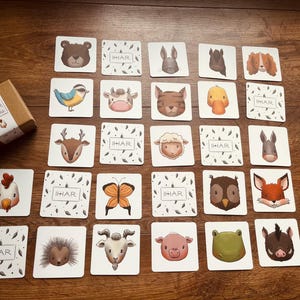 Juego de memoria de animales – 40 tarjetas plastificadas – Animales salvajes y de granja – Juego educativo de emparejamiento hecho a mano para niños pequeños y niños pequeños