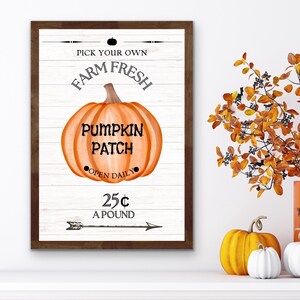 May include: A framed wooden sign with the text "PICK YOUR OWN FARM FRESH PUMPKIN PATCH OPEN DAILY" and an illustration of an orange pumpkin. The sign is on a white background. There are pumpkins and fall foliage in the background.