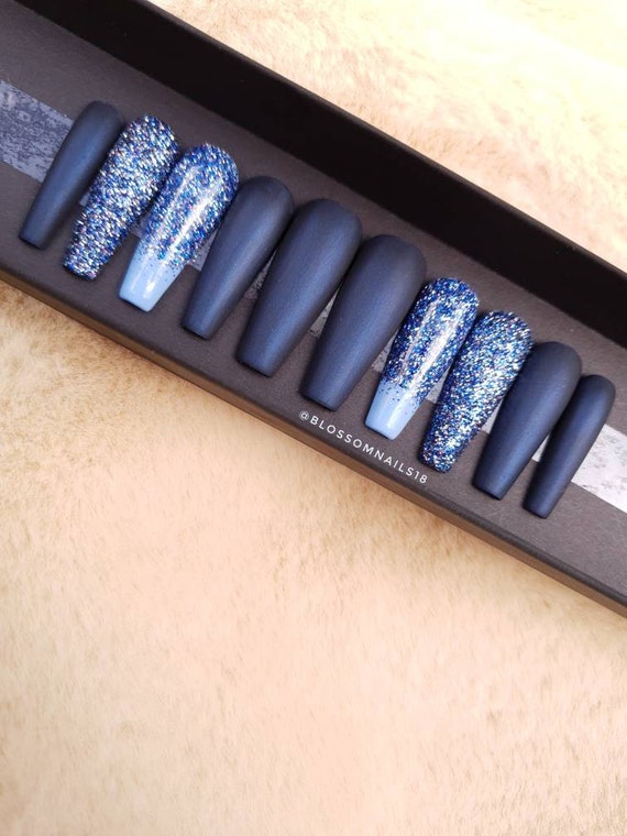 Blue Nails Navy Blue Nails Matte Nails Glitter Nails False Nails Matte Blue Nails Gel Nails Glitter Ombre Nails Acrylic Nails Blue Press Ons