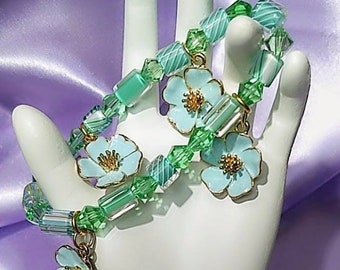 Charm Bracelet - Blue Flowers and Funnel Glass Hand Blown Beads