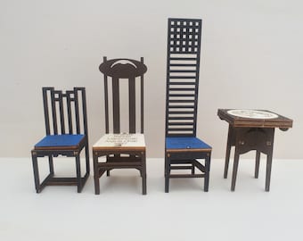 Charles Rennie Mackintosh Dolls House Scale Furniture Set of 4 Wooden Pop UP Gift Cards