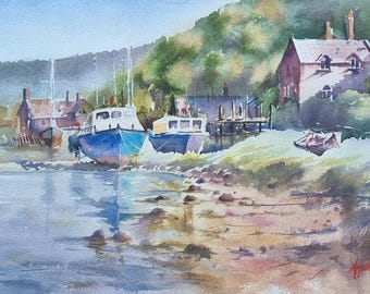a Coastal Boats Watercolor Painting – Nautical Wall Art – Seaside Landscape Print – Cottagecore Decor – Coastal Home Gift