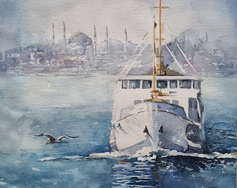 Acuarela original de Estambul, acuarelas hechas a mano, dibujo en acuarela, diseño de pintura mural, arte impresionista.