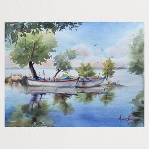 Silenzio di due barche - Acquerello originale del lago, grande acquerello fatto a mano, decorazione da parete per soggiorno, arte impressionista