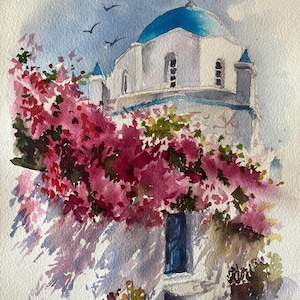 Acquerello di Santorini, opera d'arte greca, arte paesaggistica di Santorini - Cupola blu iconica - Dipinto di fiori rosa - Regalo dell'isola greca