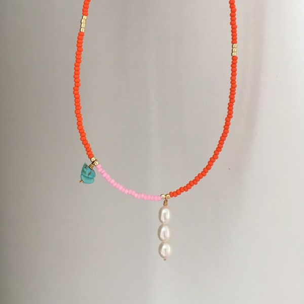 Orange seed bead pearl pendant necklace/bead and pearl pendant necklace/pearl pendant necklace/boho chic necklace/boho chic necklace/gift