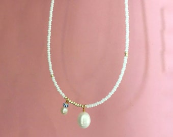 Long beaded delicate bead pearl necklace/white bead pearl necklace