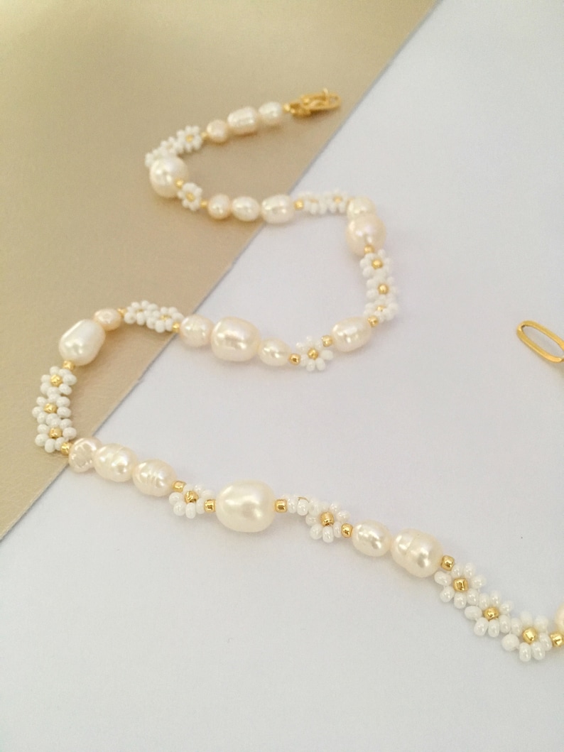 14k GOLD FILLED Sunflower Pearl Necklace/white Beaded Flower Etsy