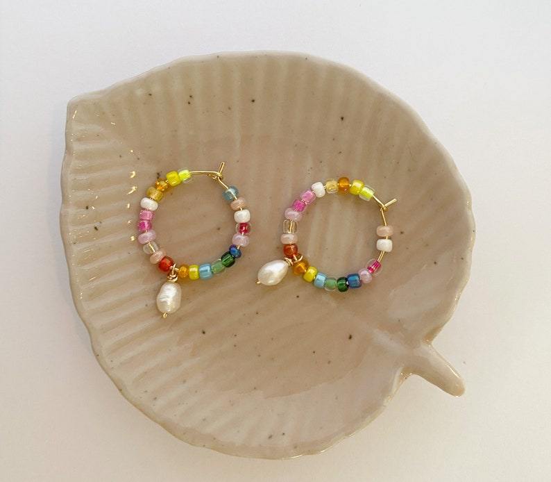 Gold hoops with beads/pearl hoop earrings/colorful earrings/gold earrings/simple gold hoops/gold earrings/Beaded earrings/bead earrings/ image 3