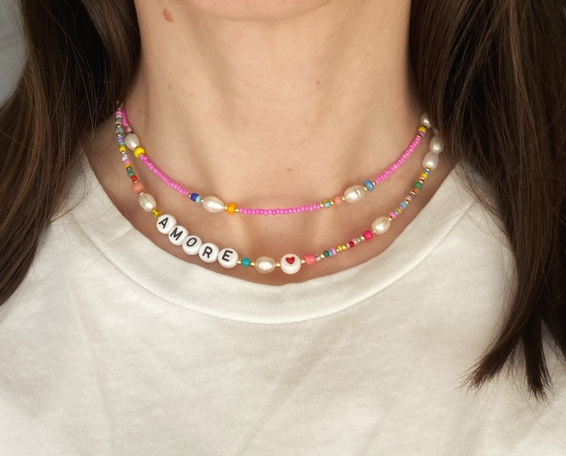 Personalized letter necklace/letter bead necklace/beaded Etsy