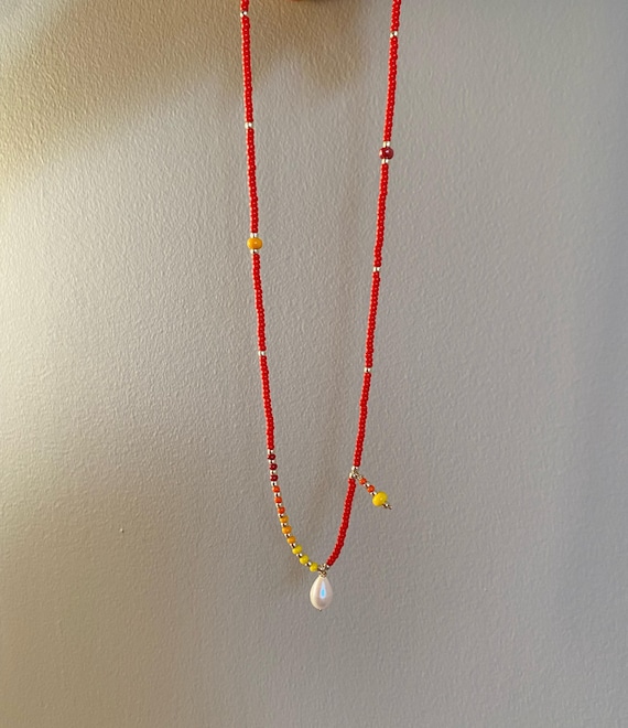 Collier Argenté 47 Cm Avec Pendentif Perle Orange - Neuf Sans Emballage, Marque Générique