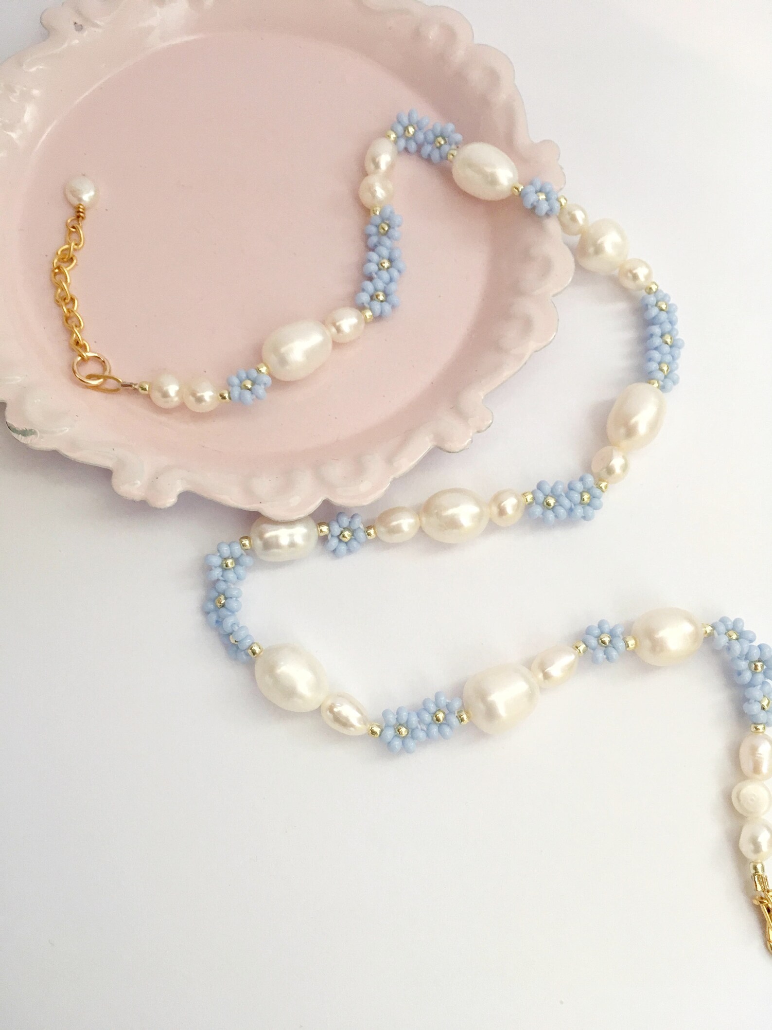 14k Gold Filled Dainty Pearl Bead Flower Necklace/light Blue Etsy