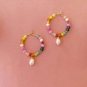 Gold hoops with beads/pearl hoop earrings/colorful earrings/gold earrings/simple gold hoops/gold earrings/Beaded earrings/bead earrings/ image 1