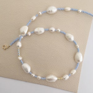 Light blue seed bead pearl necklace/gold filled pearl necklace/full pearl necklace/delicate pearl necklace/seed bead and pearl necklace