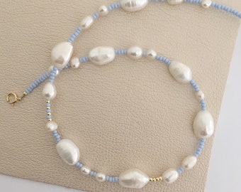 Light blue seed bead pearl necklace/gold filled pearl necklace/full pearl necklace/delicate pearl necklace/seed bead and pearl necklace