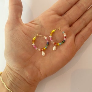Gold hoops with beads/pearl hoop earrings/colorful earrings/gold earrings/simple gold hoops/gold earrings/Beaded earrings/bead earrings/ image 5