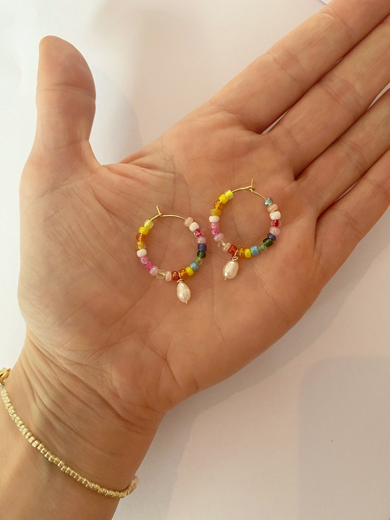 Gold hoops with beads/pearl hoop earrings/colorful earrings/gold earrings/simple gold hoops/gold earrings/Beaded earrings/bead earrings/ image 5