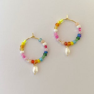 Gold hoops with beads/pearl hoop earrings/colorful earrings/gold earrings/simple gold hoops/gold earrings/Beaded earrings/bead earrings/ image 2