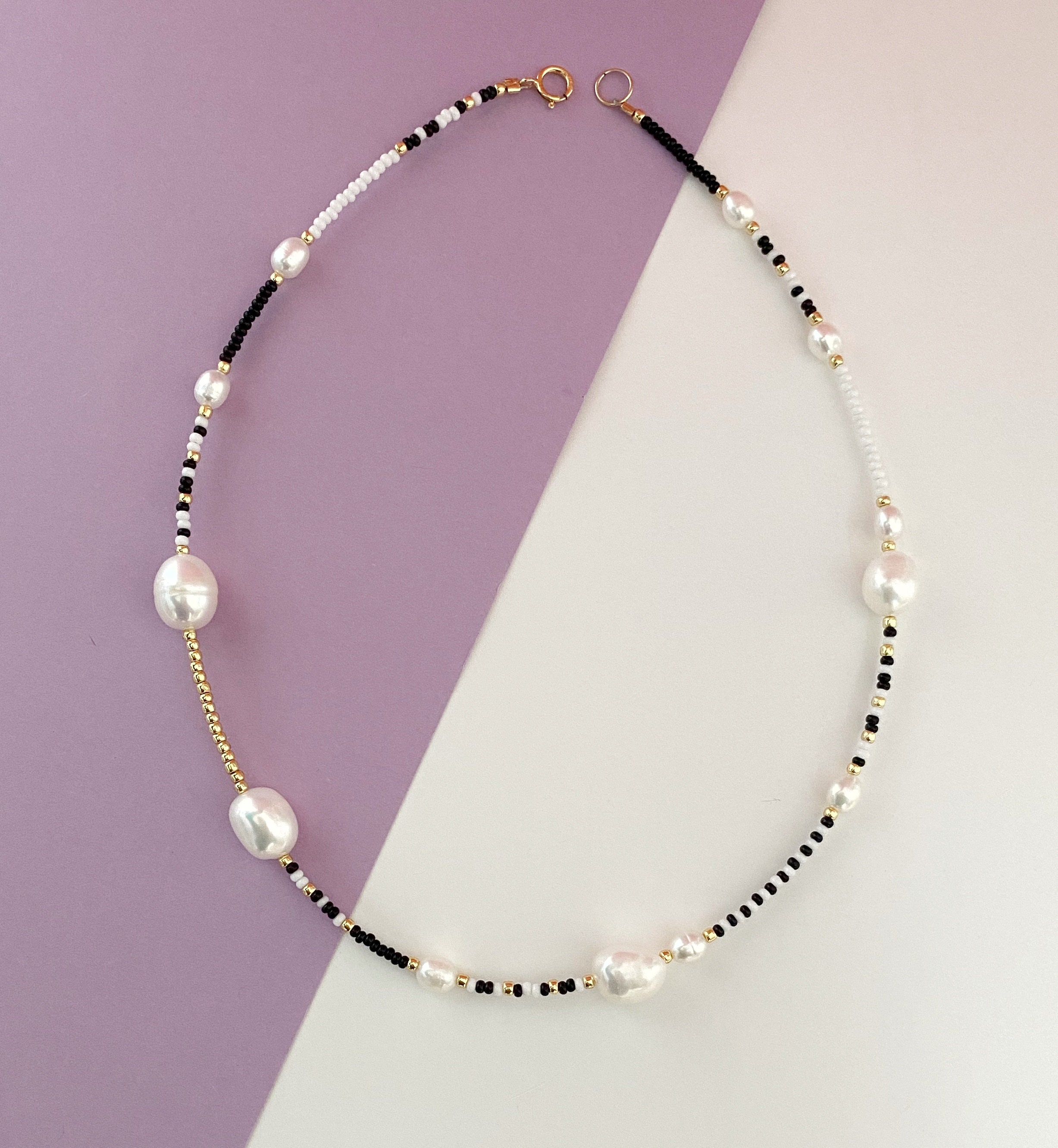 Black White Bead Pearl Necklace Choker/black and White Bead - Etsy