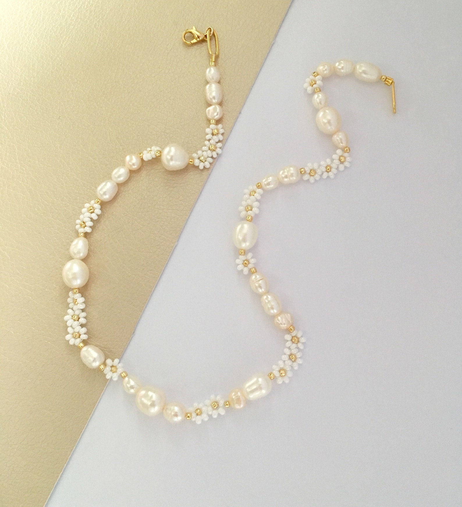 14k GOLD FILLED Sunflower Pearl Necklace/white Beaded Flower Etsy