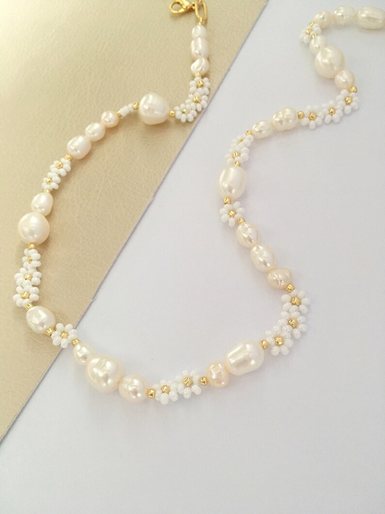 14k GOLD FILLED Sunflower Pearl Necklace/white Beaded Flower Etsy