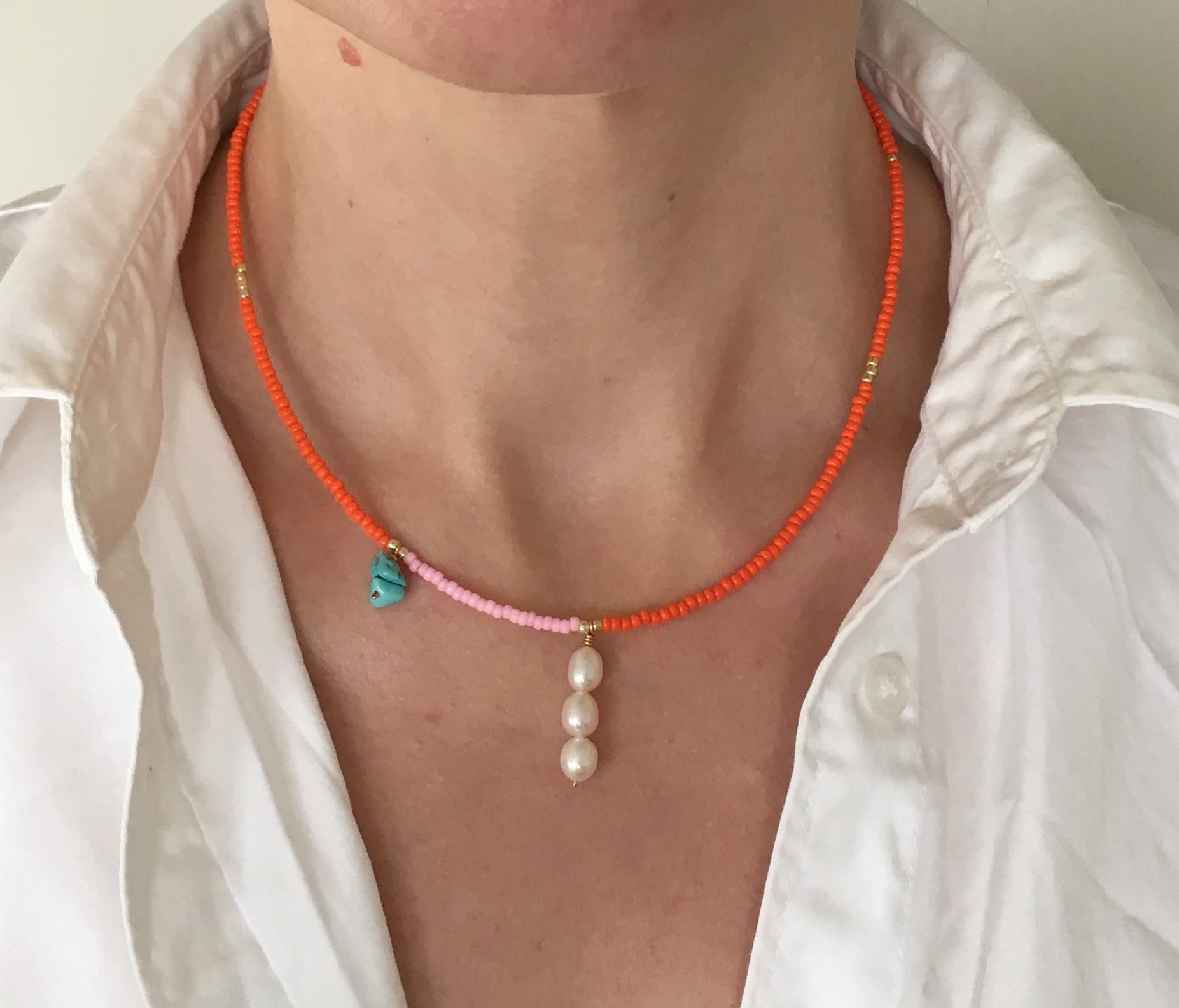 Orange Seed Bead Pearl Pendant Necklace/bead and Pearl