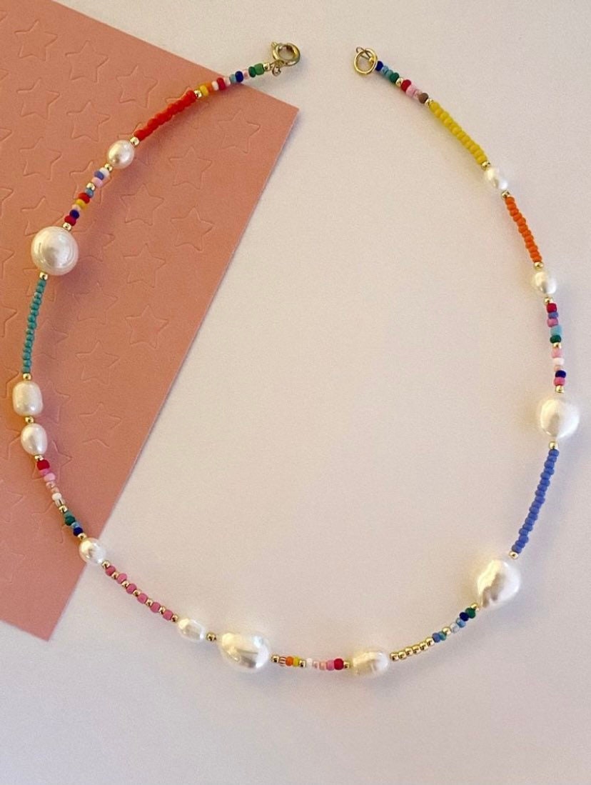 14k GOLD FILLED Colorful Pearl Seed Bead Necklace/beaded Pearl - Etsy