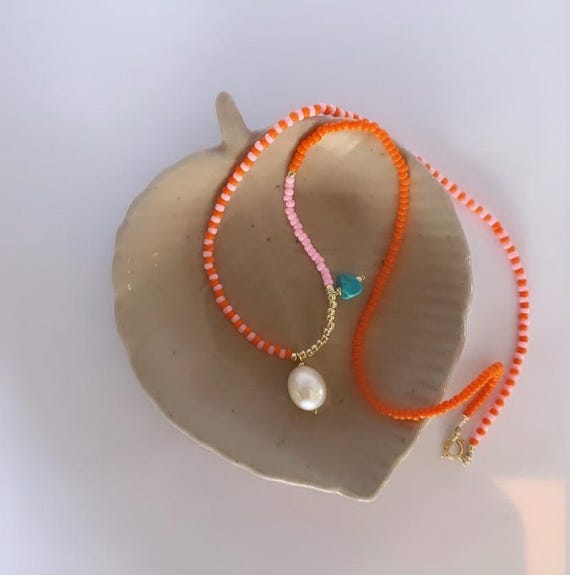 Orange Seed Bead Pearl Pendant Necklace/bead and Pearl Pendant