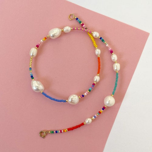 14k GOLD FILLED Colorful Pearl Seed Bead Necklace/beaded Pearl Etsy