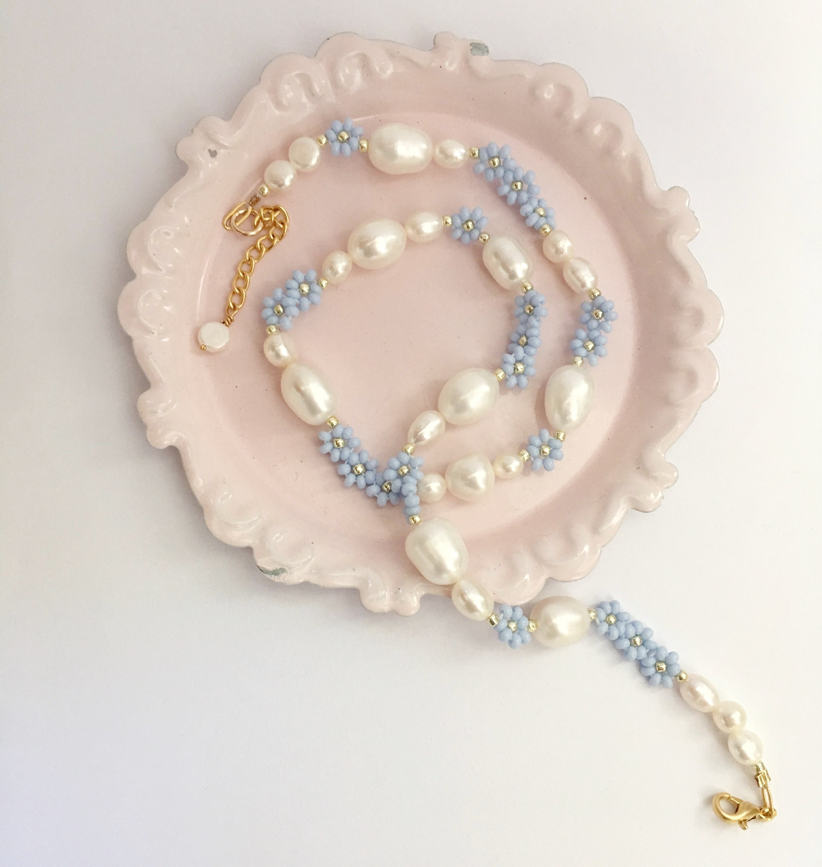 14k Gold Filled Dainty Pearl Bead Flower Necklace/light Blue Etsy