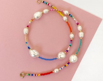 pearl and Seed beads necklace/Pearl and colourful beads necklace/pearl and seed bead necklace/beaded pearl collar/freshwaterpearl necklace