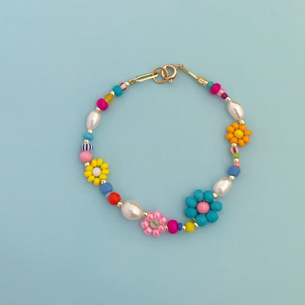 Girasol boho con cuentas perla margarita pulsera/pulsera de flores con cuentas/pulsera de flores de perlas/regalo de joyería mamá amiga hermana/joyería de verano