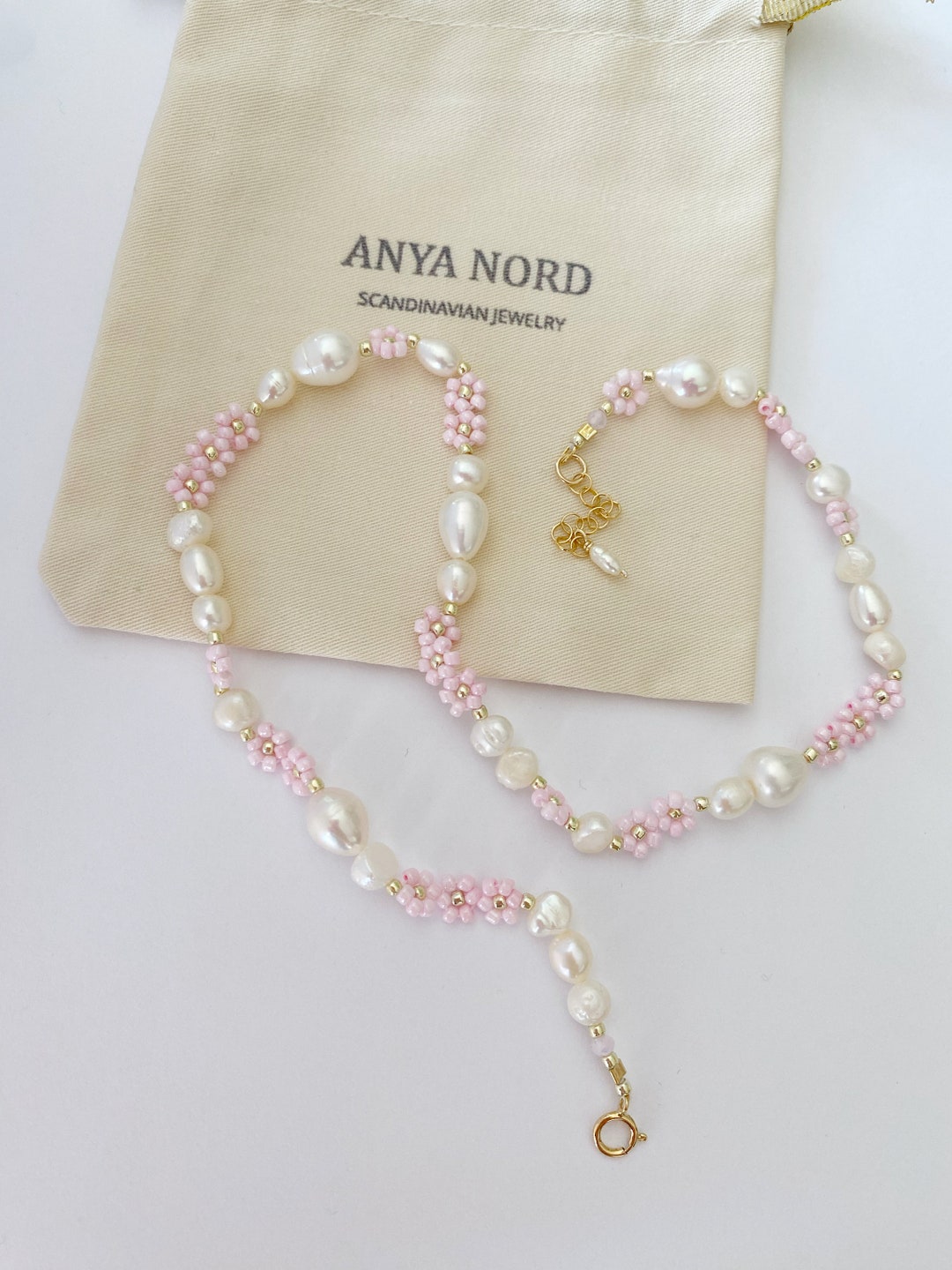 14k GOLD FILLED Sunflower Pearl Necklace/pink Beaded Flower Necklace