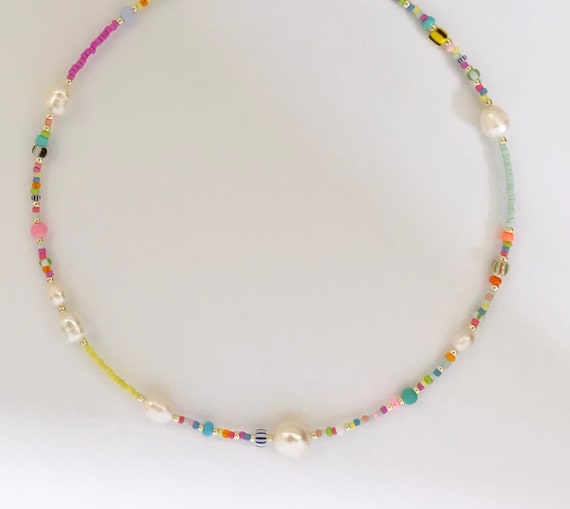 Rainbow Seed Bead Pearl Necklace, Seedbead and Pearl