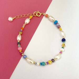 14k gold filled colorful pearl and bead bracelet/beaded pearl bead bracelet/Anya nord/summer jewelry trends/beach jewelry/surf bracelet