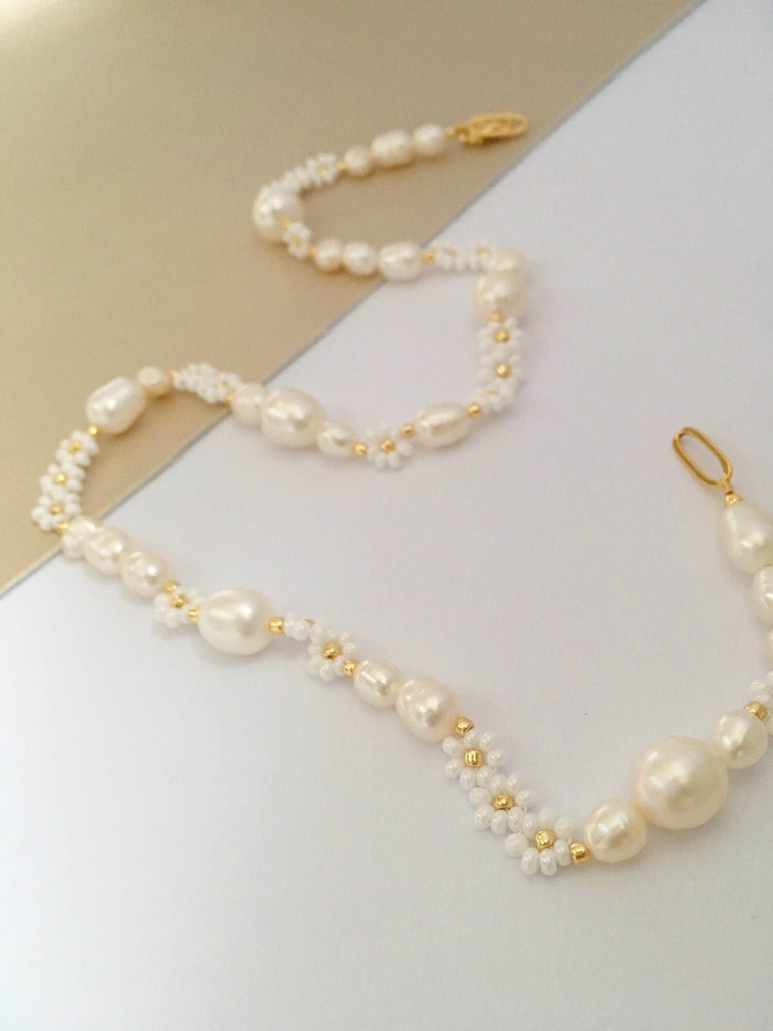 14k GOLD FILLED Sunflower Pearl Necklace/white Beaded Flower Etsy