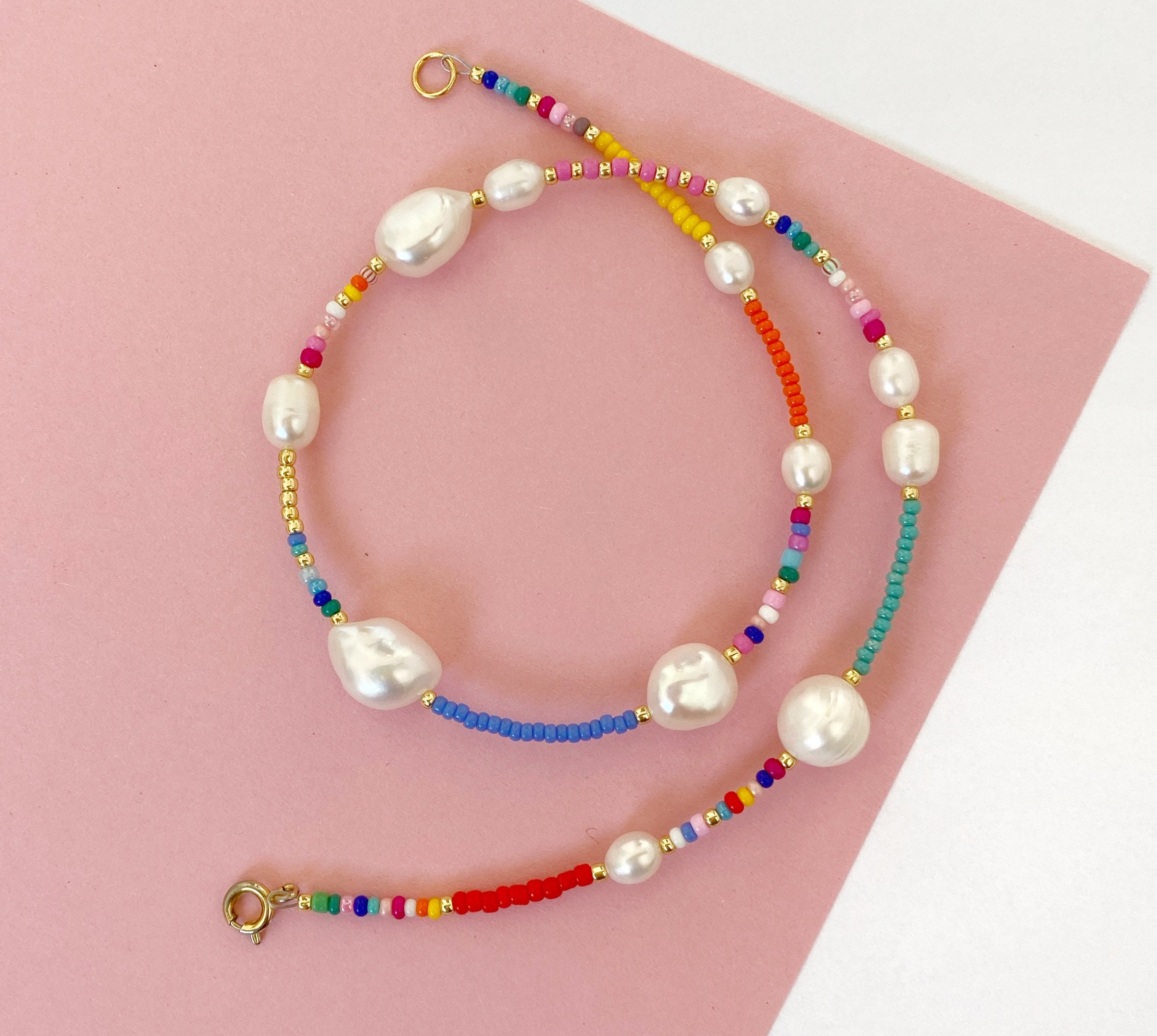 14k GOLD FILLED Colorful Pearl Seed Bead Necklace/beaded Pearl Etsy