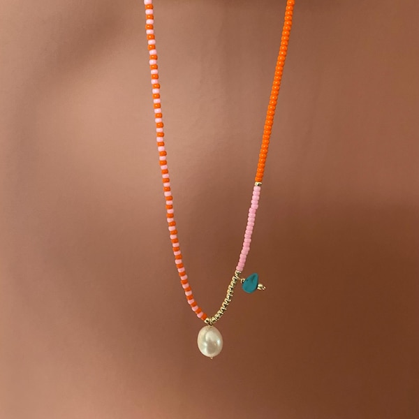 Orange seed bead pearl pendant necklace/bead and pearl pendant necklace/pearl pendant necklace/boho chic necklace/boho chic necklace/gift